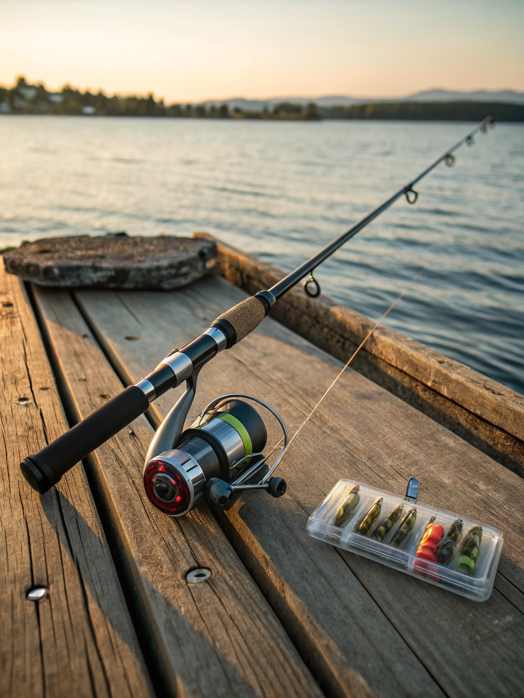 Fishing rod and tackle box on a wooden dock at sunset, overlooking calm lake waters.